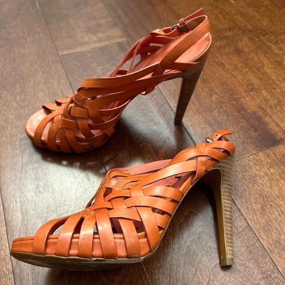 Via Spiga Orange Leather Strappy Heels, Low Platform, Size 9.5 - Picture 3 of 16